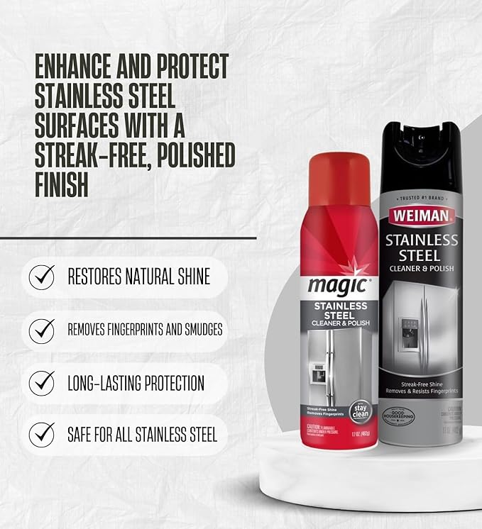 2x Stainless Steel Cleaner &amp Polish 17 oz Spray + 2x Weiman Stainless Steel Cleaner and Polish Bundle with Microfiber Towel – Cleans Polishes and Protects Surfaces – Gift Set (5 Items)