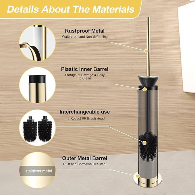 BGL Toilet Brush and Holder Set Heavy Duty 304 Stainless Steel Round Base and Long Handle for Bathroom Deep Cleaning Drip-Proof Space Saving for Storag Polished Gold