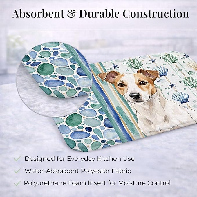 Caroline's Treasures White and Tan Jack Russell Terrier Coastal Sea Glass Dish Drying Mat Absorbent Dish Drying Mat Pad for Kitchen Counter Dish Drainer Mat for Countertop 14 x 21 Multicolor