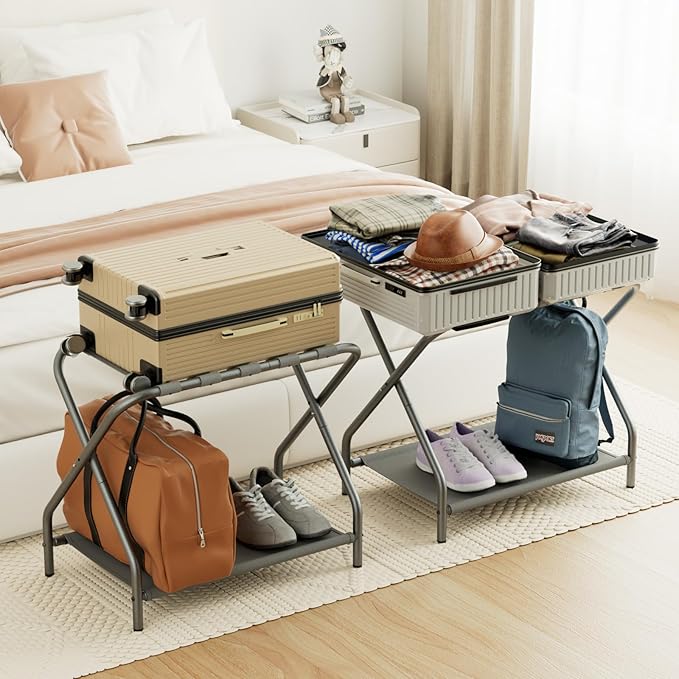 AMHANCIBLE Luggage Rack Set of 2 Foldable Suitcase Stands for Guest Room Metal Luggage Holder with Storage Shelf for Bedroom Hotel Easy Assemble HLR02GY