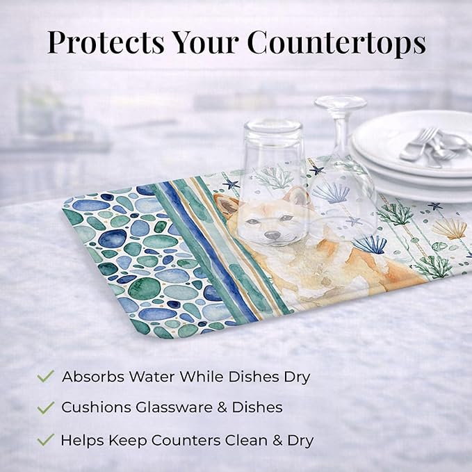 Caroline's Treasures Cream Shiba Inu Coastal Sea Glass Dish Drying Mat Absorbent Dish Drying Mat Pad for Kitchen Counter Dish Drainer Mat for Countertop 14 x 21 Multicolor