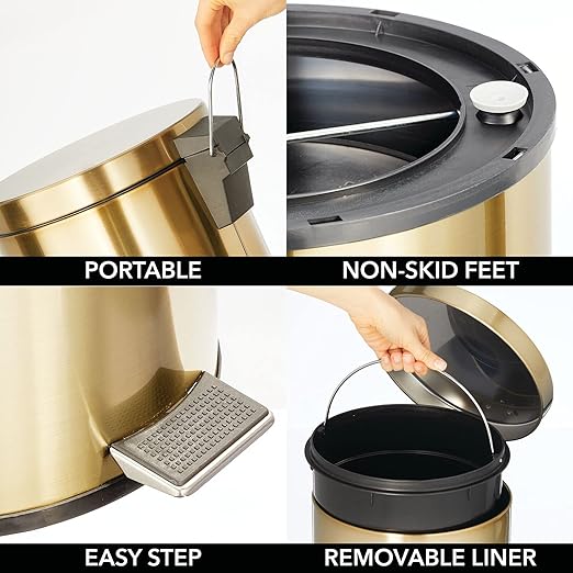 mDesign Tall 3.2 Gallon/12 Liter Round Metal Step Trash Can Wastebasket Garbage Container Bin fo Kitchen Bathroom Home - Removable Liner Bucket - Soft Brass