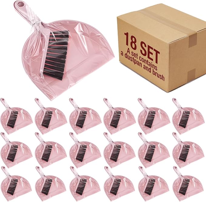 Sliner 18 Pack Mini Dustpan and Brush Set Plastic Dust Pans with Brush Small Broom and Dustpan Set Mini Broom Dust Pan for Home Office Kitchen Table Desktop Floor Cleaning Supplies (Pink)