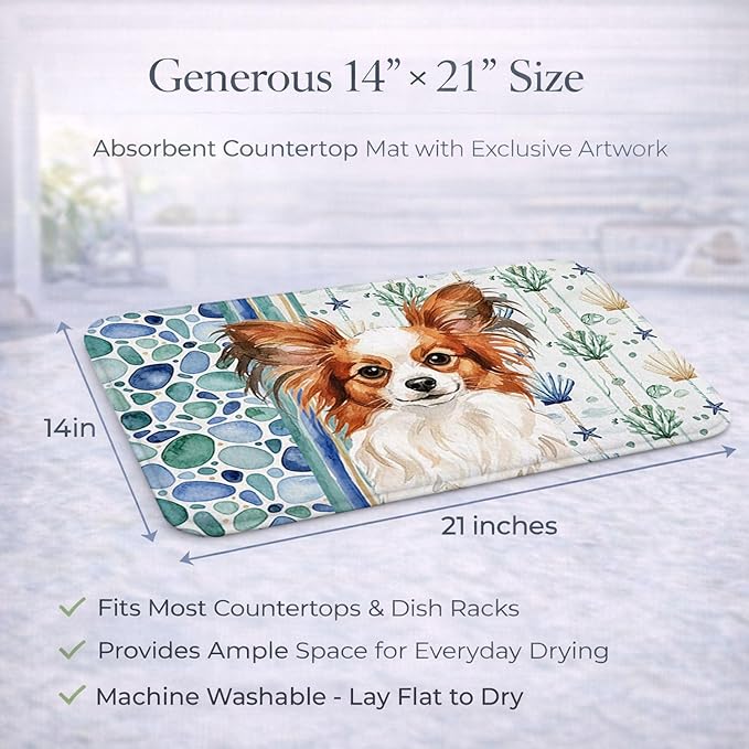 Caroline's Treasures White with Red Papillon Coastal Sea Glass Dish Drying Mat Absorbent Dish Drying Mat Pad for Kitchen Counter Dish Drainer Mat for Countertop 14 x 21 Multicolor