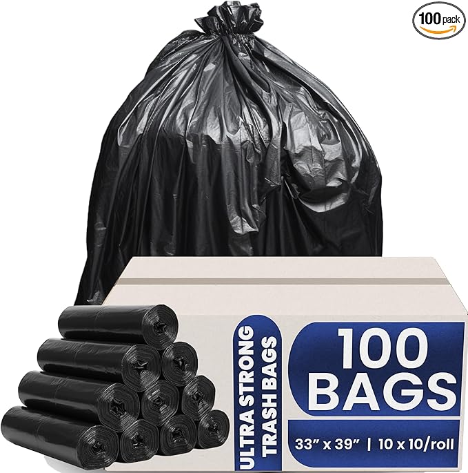 Ultra-Strong Trash Bags 33x39 Inches Heavy Duty 1.2 Mils 100 Count – Large Leak-Proof &amp Tear-Resistant Garbage Bags for Home Kitchen Office &amp Commercial Use 33 Gallon Capacity