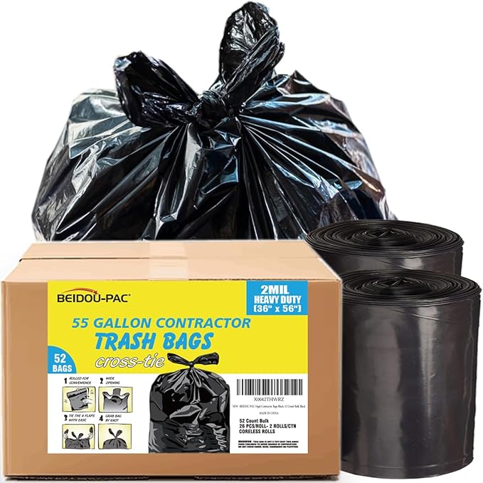 Contractor Heavy Duty Trash Bags 55 Gallon | 52 Count | 2 MIL | 36 X 56 | Large Black Flap Tie Construction Garbage Bags for Business Home Commercial Industrial Storage Outdoor