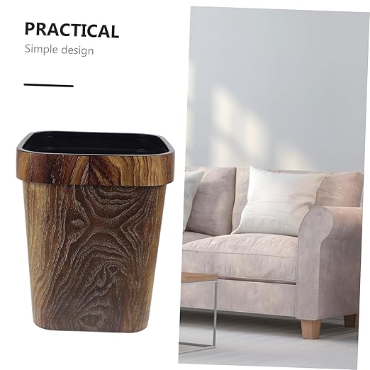 Retro Style Square Garbage Can with Faux Wood Grain Removable Press Ring Wastebasket for Bathroom Bedroom Kitchen Compact Design for Spaces Easy to Clean and Maintain