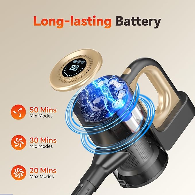 Cordless Vacuum Cleaner Powerful Suction Vacuum Cleaners for Home Stick Vacuum Cordless Rechargeable with LED Screen and 3-Speed Suction Lightweight Vacuum for Hard Floors Carpets Pet Hair Gold