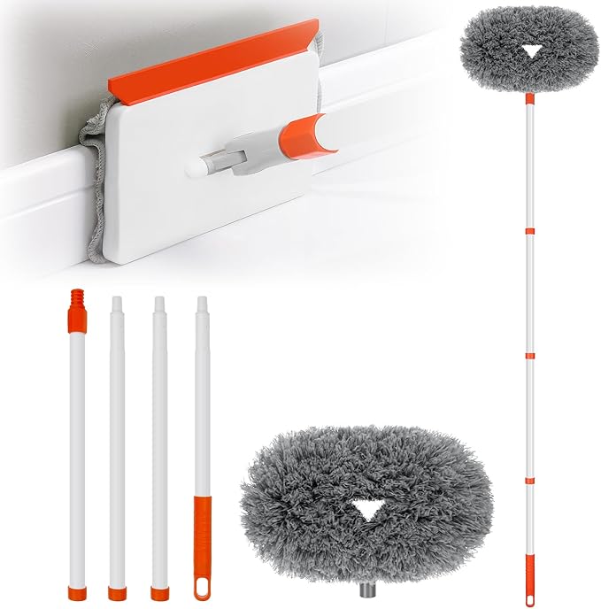 Baseboard Cleaner Tool with Handle Extendable Long Handle Baseboard Cleaning Duster with Reusable Pads for Floorboard Ceiling Fan Blade Cleaner Duster (Gray)