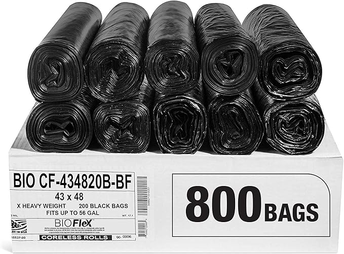 Aluf Plastics 56 Gallon 20 Micron (equivalent) Black Heavy Duty Trash Bags With BioFlex Technology - 43 x 46 - Pack of 800 - For Recycling Kitchen Contractor &amp Outdoor