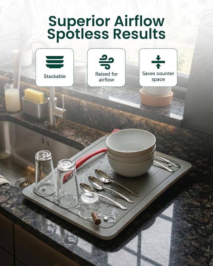Stone Dish Drying Mat (Grande Solo) Large Quick‐Dry Drying Stone Mats for Kitchen Counter Raised Rod Support for Airflow Sandpaper Included Drying Tray for Dishes Cups &amp Bottles