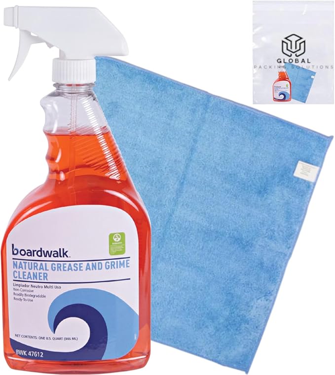 Boardwalk Non-toxic Formula Multi Surface Natural Grease and Grime Cleaner Unscented 32 Fl Oz bundled with Micro Fiber Cloth