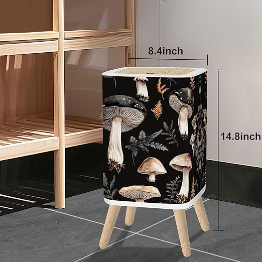 Small Trash Can with Lid Mushroom Seamless Boho Black Brown Mushroom Forest Vintage Mushrooms 2.6 Gallon/10L Garbage Can Waste Bin with Pop-Up Lid Wood Legs Wastebasket for Bathroom Kitchen Bedroom