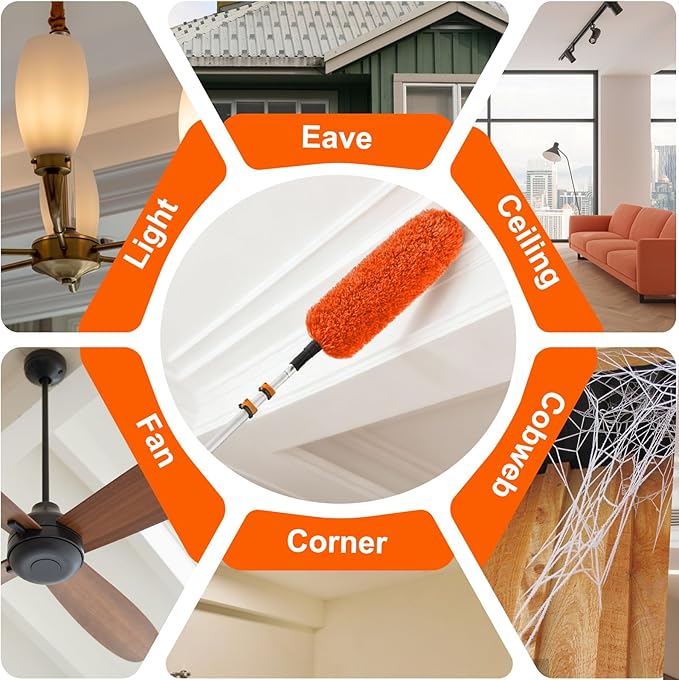 30FT Reach High Ceiling Duster Kit Window Cleaning kit with 5-24FT Extension Pole Fan Duster for Ceiling Fan Blades Microfiber Feather Duster Rotatable Window Squeegee and Cobweb Duster