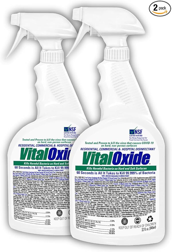 Vital Oxide Disinfectant Deodorizer Cleaner Food-Contact Sanitizer Virucide – (EPA registration #82972-1) – Kills Mold &amp Mildew Eliminates Odors –32 oz 2 Pack