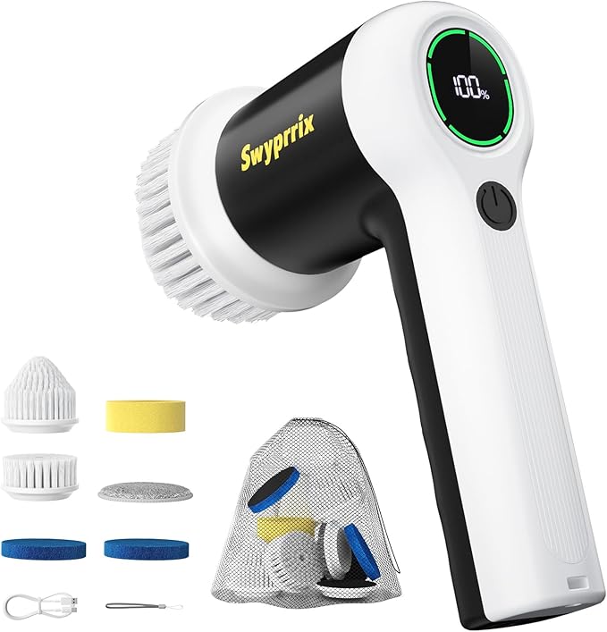 Electric Bathroom Cleaning Brush Cordless Spin Scrubber Full Body Waterproof IPX7 with 6 Replaceable Brush Heads for Bathtub/Kitchen/Window/Home Cleaning -SD-CTB02