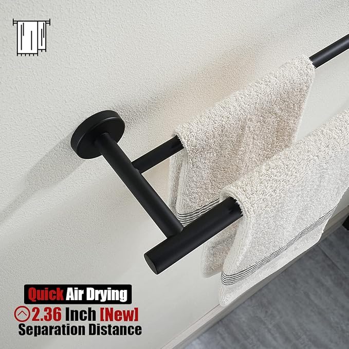 JQK Double Bath Towel Bar Matte Black 33 Inch 304 Stainless Steel Thicken 0.8mm Towel Rack for Bathroom Towel Holder Wall Mount Useable Length 30 Inch 2 Pack TB100L30-PB-P2