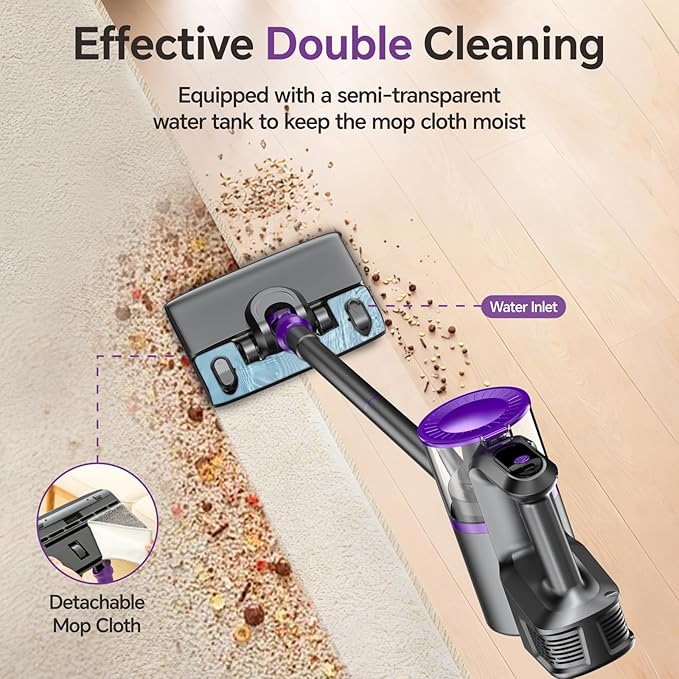 Cordless Vacuum Cleaner Powerful Vacuum Cleaners for Home with Mopping Combo Water Tank Stick Vacuum Cordless Rechargeable Lightweight Vacuum for Hard Floors Carpet Pet Hair Purple