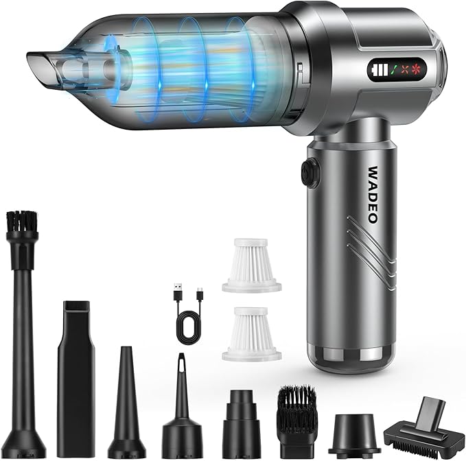WADEO Car Vacuum Portable Cordless 18000PA 4-in-1 Handheld Vacuum Cleaner and Air Duster with LED Display &amp Multi-Nozzles Mini Hand Held Vacuum Rechargeable for Home Car Office Pet Hair