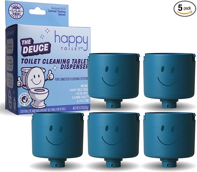 Happy Toilet Cleaner Deuce - Compatible w Kohler Toilets &amp Canister Flushing Systems - Automatic Toilet Bowl Cleaner 5-Pack - Easy to Install Toilet Tablet Holder Self-Cleaning Toilet System