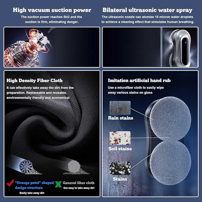 Intelligent Robot Glass CleanerRobot Glass Cleaner3 Cleaning Modes 5KG Adsorption Force Double Disc Double Suction Design Multiple Safety Protections for High Windows Ceiling