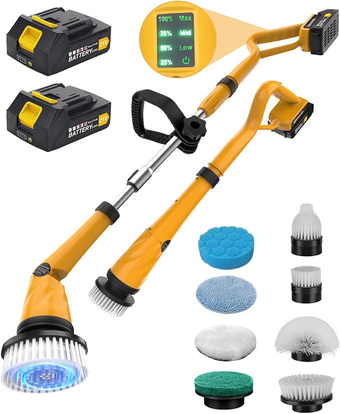 Qimedo 1500 RPM Electric Spin Scrubber with Two Batteries Q2 Pro Cordless Battery Powered Shower ScrubberElectric Tile Floor Scrubber with Display for Grout/Tile/Tub (Effortless Handle/8 Brushes)