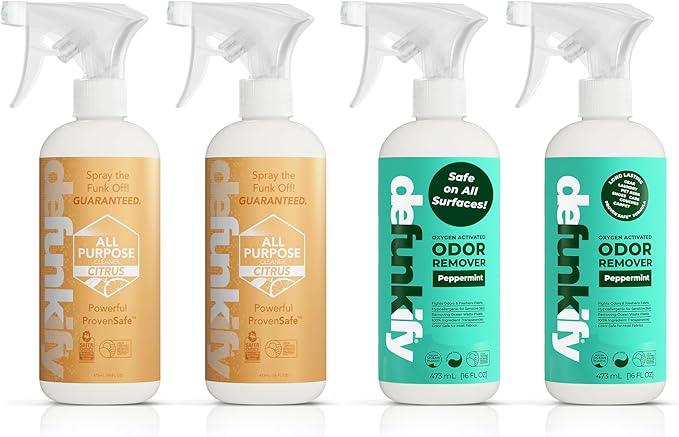Get Messy Bundle- 2Pk 'Peppermint' Essential Oil Odor Eliminator Deodorizer &amp 2Pk 'Citrus' Multi-Surface Cleaning Spray for Bathrooms Kitchens Floor - Stone &amp Marble