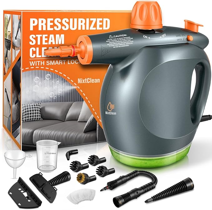 1250W Powerful Handheld Steam Cleaner with Detergent Container &amp Safety Lock + NixtClean EM-317 Window/Door Cleaning Tool Bundle - Multifunctional Pressurized Hand Held Steamer for Kitchen/Bathroo