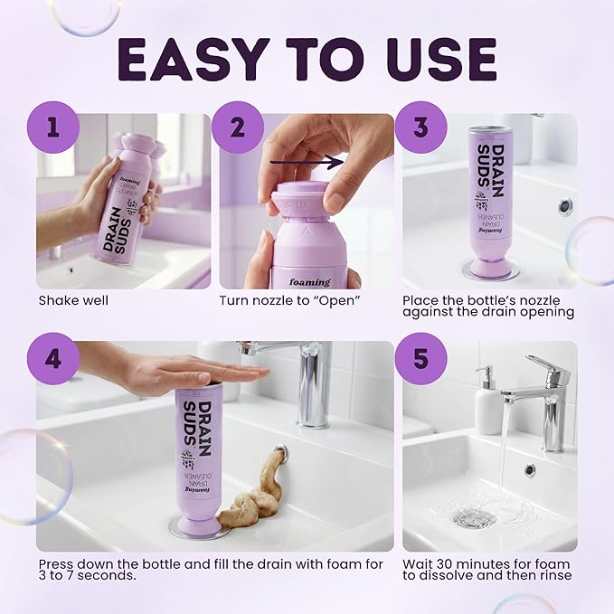 Foaming Drain Cleaner Sink Cleaner and Deodorizer Drain Clog Remover for Kitchen Sinks Bathrooms Shower Drains Tubs Washbasin Clogged Pipe Opener Lavender 2 Pack