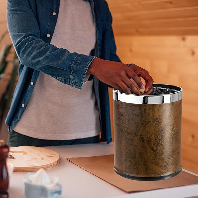 'Invisi-Overlap' Open top Leatherette Trash Can Small Office Wastebasket Modern Home Décor Round Shape (Brown)