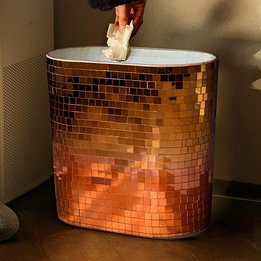 WDHODEC Rose Gold Mosaic Waste Basket (9.8 Tall) | Narrow Oval Decorative Trash Can for Bathroom Vanity &amp Toilet Side | Luxury Handcrafted Mirror Accent Dual-Use Flower Vase