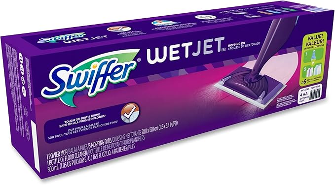 Swiffer Wet Jet Mop Floor Cleaner for Mopping Wood Laminate Tile in Home Bathroom Kitchen All Purpose Multi-Surface Cleaning Set includes 1 Spray Mop 5 Pads Refill 1 Fresh Scent Solution