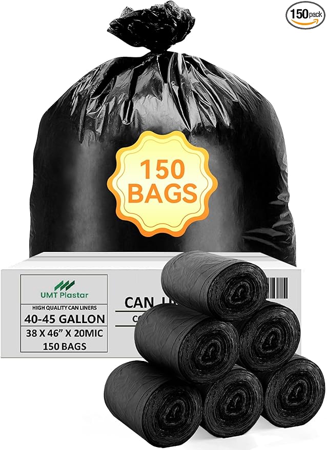 150 Count Heavy Duty Black Trash Bags 40-45 Gallon Large Garbage Bags 38 x 46 Inch 20 Micron Thick Leak-Resistant Trash Can Liners for Home Office Yard Cleanup