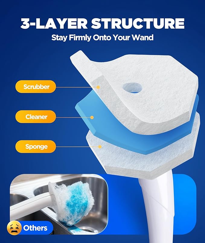 62 Count Toilet Wand Refills For Clorox Wand 3-Layer Brush Heads with Upgraded Toilet Bowl Cleaners For 99.9% Stains Removal