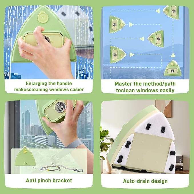 Double-Sided Magnetic Window Cleaner - Adjustable Magnetic Double Window Wiper Fits 3-30 mm Glass Thickness 2.5m Safety Rope for High-Rise &amp Auto Glass Safe Anti-Pinch Wiper(Green)