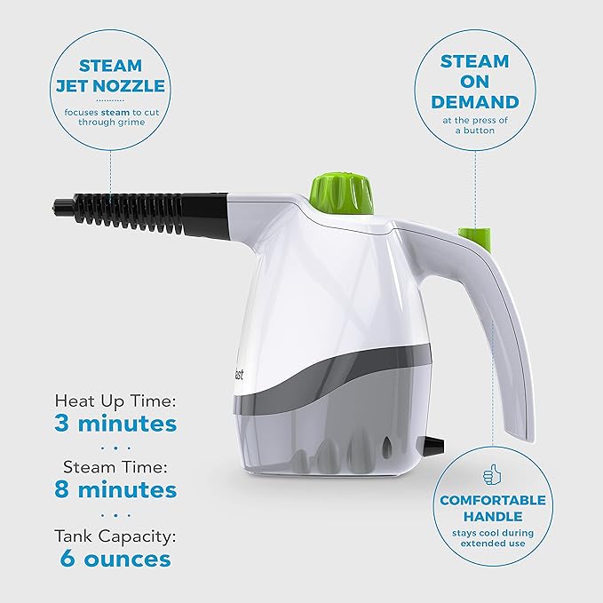 Steamfast SF-210 Handheld Steam Cleaner 6 Accessories Included 12-Foot Power Cord Chemical-Free Steam Heats Up in 3 Minutes 6-Ounce Water Tank Powerful Steam Removes Dirt Grime Grease and More