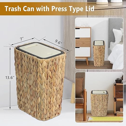 Dawn 2.6 - Gallon Boho Rattan Trash Can with Press - Top Lid - 2 - in - 1 Wastebasket &amp Hamper for Bathroom Kitchen Living &amp Bedroom