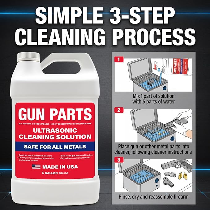 Ultrasonic Gun Cleaning Solution - 1 Gallon/128oz [Made in USA] Concentrated Formula Mixes into 6 Gallons - Firearm Cleaning Fluid for Brass &amp Gun Parts - for Ultrasonic Cleaner Use