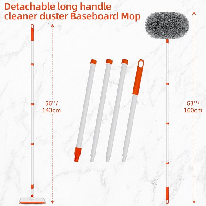 Baseboard Cleaner Tool with Handle Extendable Long Handle Baseboard Cleaning Duster with Reusable Pads for Floorboard Ceiling Fan Blade Cleaner Duster (Gray)