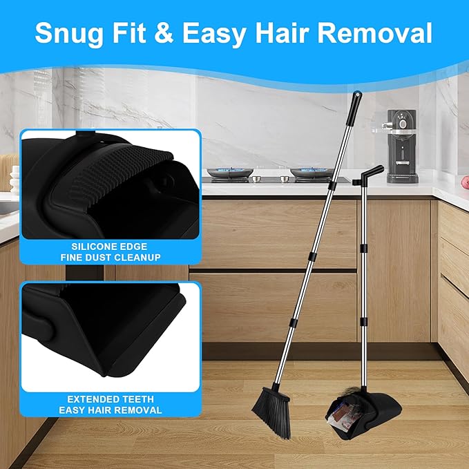Broom with Dustpan Combo Set and Silicone Air Broom Kit 51 Long Handle Floor Squeegee Black Household Kit for Glass Window Rugs Pet Hair Home