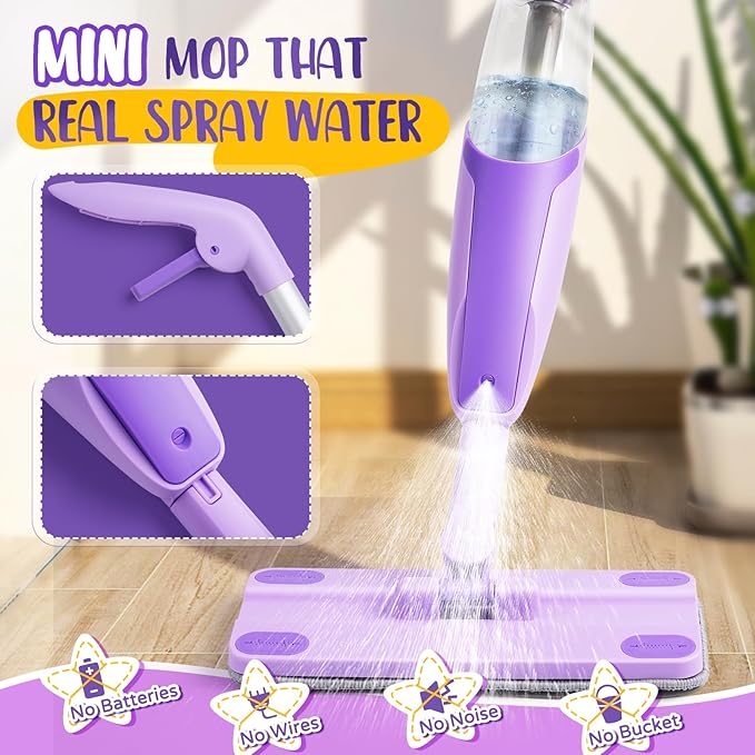 Purple Mini Spray Mop for Toddler-Montessori Cleaning Toy That Real Spray WaterPretend Playhouse Essentials for Girls Ages 3-8Toddler Educational Housekeeping Set