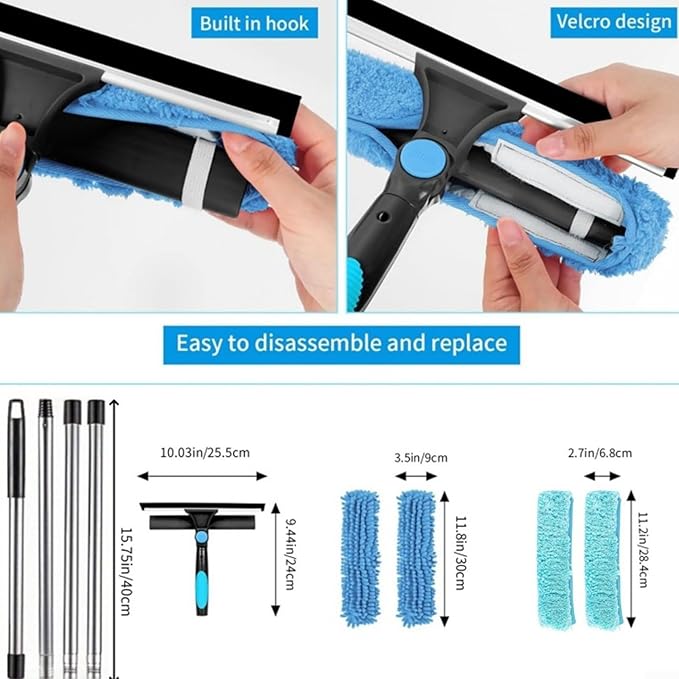Double-Sided Window Cleaning Tool for Glass Surfaces High-Rise Reach Scraper with Stainless Steel Blade Ergonomic Handle for Easy Use 41 x 14 x 6 cm Silver and Blue(A)