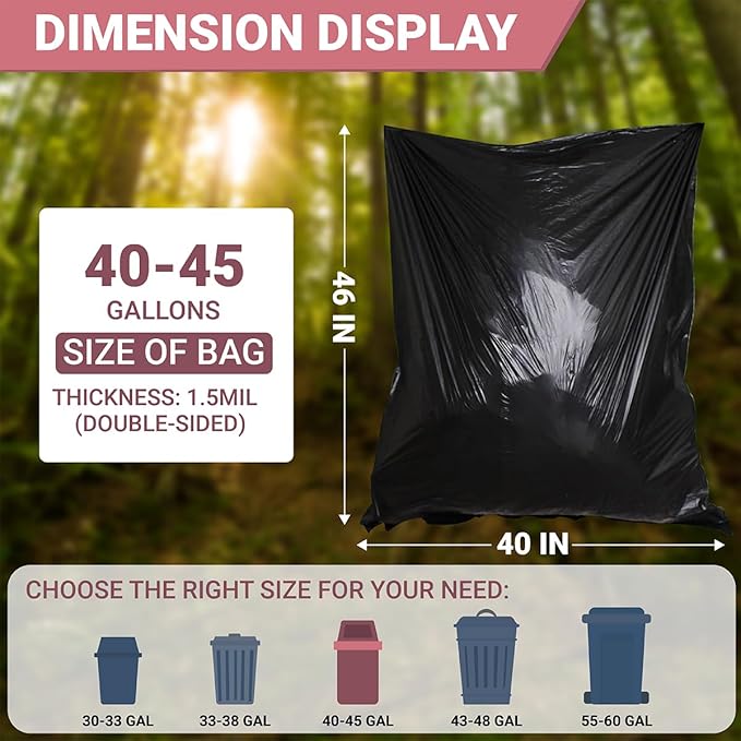 40-45 Gallon Heavy Duty Black Trash Bags 100 Count 40in x 46in x 1.5mil - Unscented Garbage Bags for Commercial Lawn Leaf and Contractor Use