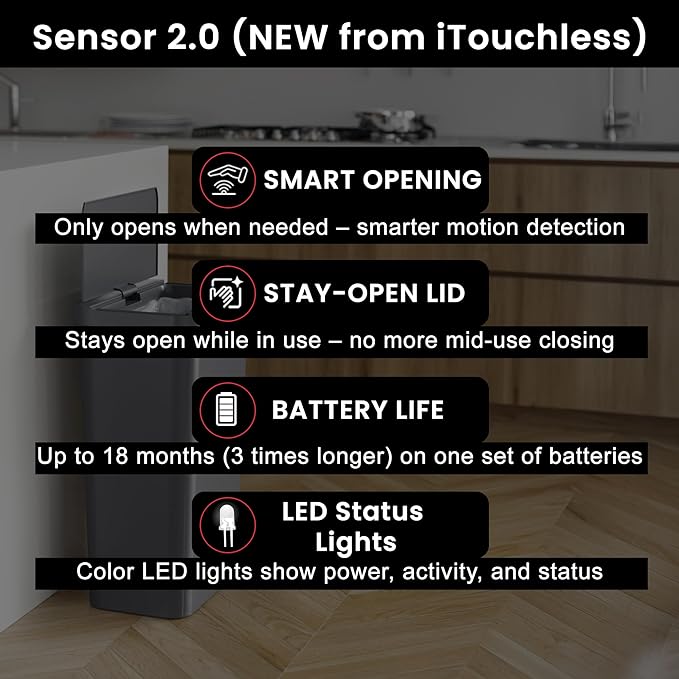 iTouchless 13.2 Gallon Prime Sensor 2.0 Technology Kitchen Trash Can Slim Dent-Proof Gray Automatic Bin for Home Office Garage Business School Plastic