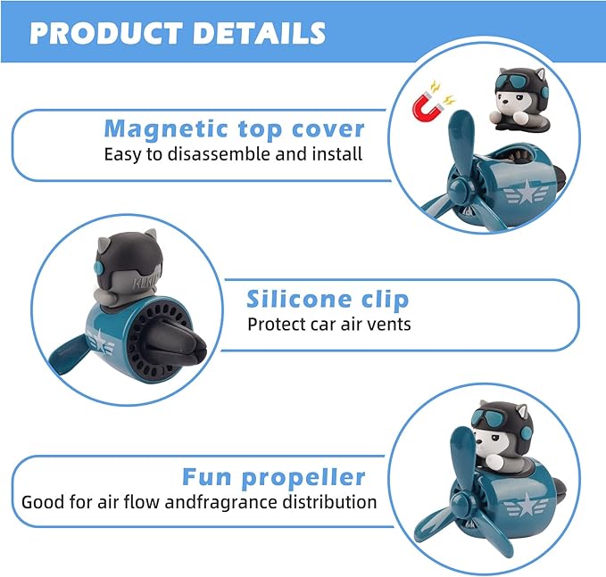 2pcs Car Air Fresheners Cute Cartoon Dog Pilot Automotive Air Outlet Propeller Car Diffuser Creative Car Perfume Decoration for Car Vent Clips Comes with 4 Fragrant Tablets (Husky + Shiba Inu)