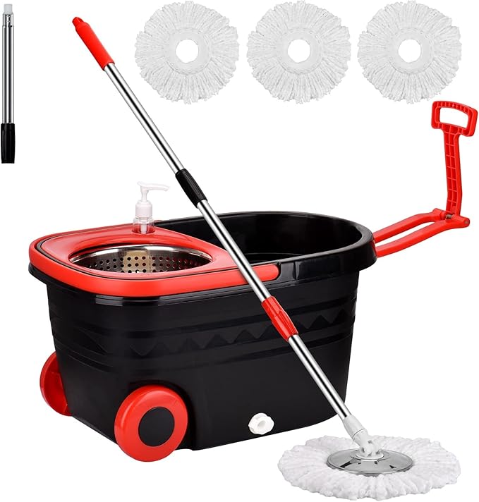 Mop Bucket Set 360 Spin Stainless Steel Spin Mop Bucket System with 3 Mop Heads for Floor Cleaning