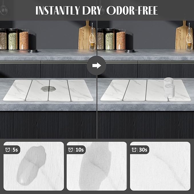 Large Stone Dish Drying Mats for Kitchen Counter 24(L)×16(W) Marble pattern Drying Collapsible Dish Drying Mat Eco-Friendly Absorbent Diatomaceous Earth Mats for Dishes Bottles Cups