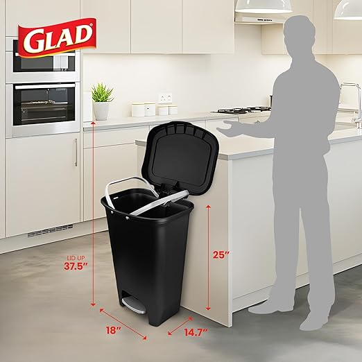 Glad 13 Gallon Trash Can | Plastic Kitchen Waste Bin with Odor Protection of Lid | Hands Free with Step On Foot Pedal and Garbage Bag Rings Black