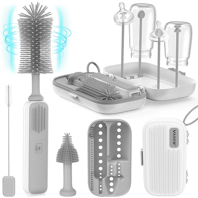 Electric Bottle Brush Cleaner Baby Bottle Brush Travel Set 360° Efficient Cleaning 2000 mAh Battery Travel Bottle Brush Set with Drainage Rack and Storage Box Baby Travel Essential Grey