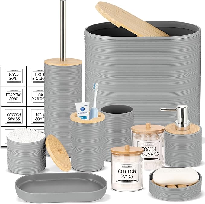 IMAVO Bathroom Accessory Set-11Pcs Grey Bathroom Accessories Set with Trash CanSoap DispenserSoap DishToothbrush HolderToothbrush CupToilet Brush HolderQtip Holder Dispenser with Labels